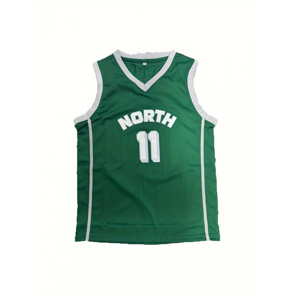 Men's #11 North Basketball Jersey - Breathable & Comfortable Mesh Tank Top, V-Neck, Sleeveless Sports Uniform for Training & Casual Wear, Green, Sizes S-3XL