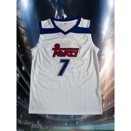 Men's #7 Basketball Training Jersey - Breathable Mesh Tank Top with V-Neck, Sleeveless Athletic Shirt for Sports & Casual Wear, Sizes S-3XL, White with Blue & Red Accents