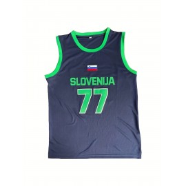 Men's Slovenia #77 Basketball Jersey - Navy Blue and Green, Breathable Polyester, Letter & Number, Loose Fit, Crew Neck, Ideal for Team Sports & Casual Wear, Team Apparel|Sleeveless Jersey|Durable Fabric