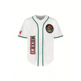 1pc Mexico Men'S V-Neck Baseball Jersey - Breathable Polyester Sports Top with Lettering and Emblem, Casual Loose-Fit for Training and Beachwear, Available in Black, White, and Red