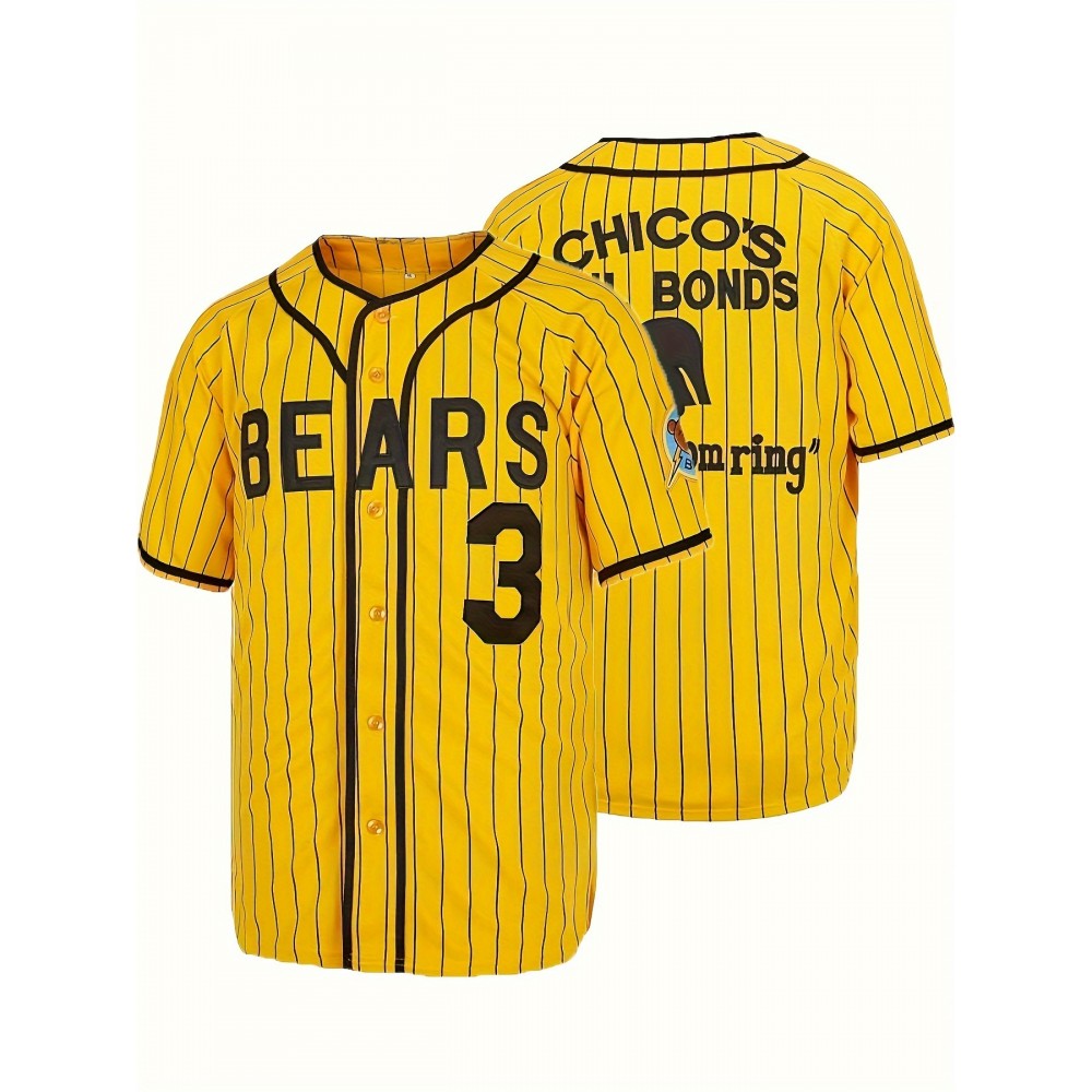 Men's #3 Yellow Stripes Baseball Jersey, Classic Retro Letter Embroidery Design Breathable Short Sleeve T-Shirt