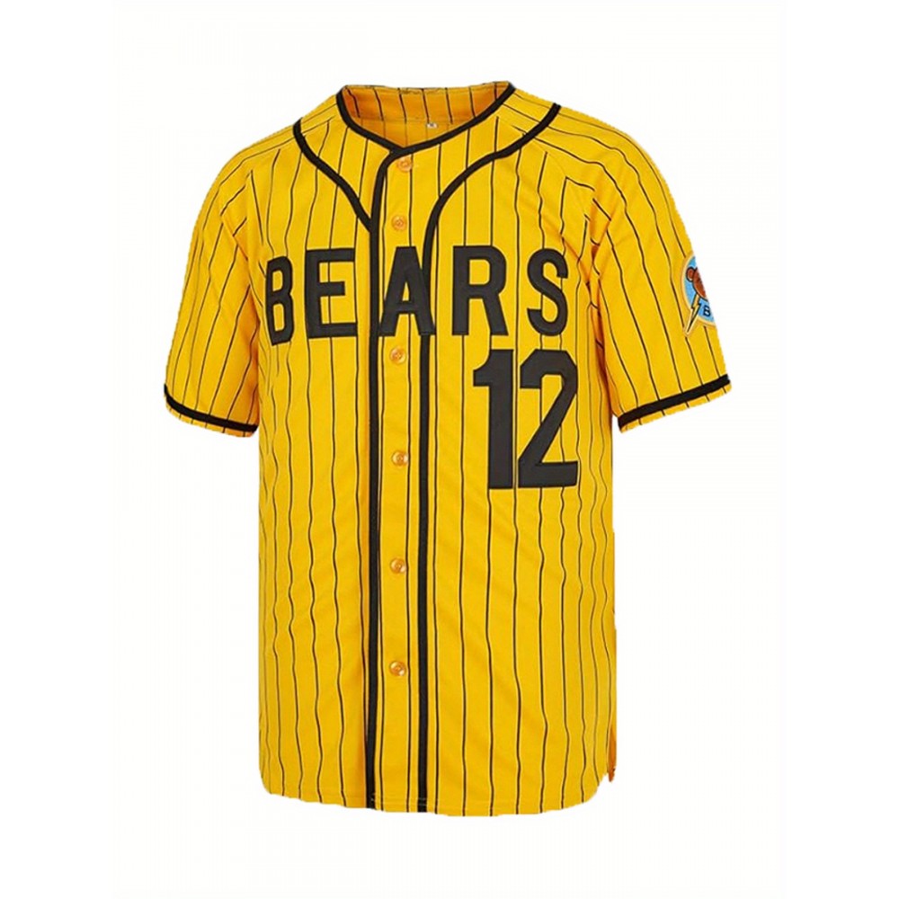 Men's #12 Yellow Stripes Baseball Jersey, Classic Retro Letter Embroidery Design Breathable Short Sleeve T-Shirt