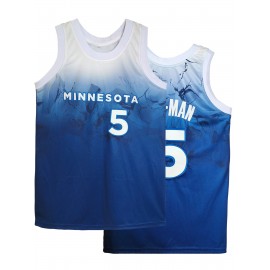 Men'S #5 Blue Basketball Jersey, Letter Embroidery Breathable Round Neck Sleeveless Sweatshirt Training Competition Sports Uniforms Suitable For Summer