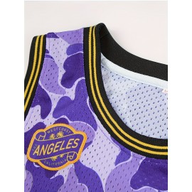 Men'S Embroidered Camo Basketball Jersey, Polyester & Spandex Blend, Crew Neck, Sleeveless, Breathable, Moisture-Wicking, Wrinkle-Resistant, Sports & Casual Style, with for Training, Games, and Parties