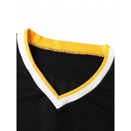 1pc Men'S Ice Hockey Jersey - Embroidered Letter & Number, V-Neck, Long Sleeve, Breathable & Moisture-Wicking Polyester, Lightweight & Ergonomic Pullover Top for Sports, Casual, Party, Universal Fit