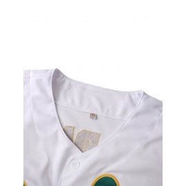 Men's Vintage Baseball Jersey with Letter O & Number 26 Design - Moisture-Wicking Breathable Polyester, Loose Fit V-Neck Button-Up for Sports, Casual & Parties (Green/Yellow/White), Party Wear, Detailing