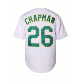 Men's Vintage Baseball Jersey with Letter O & Number 26 Design - Moisture-Wicking Breathable Polyester, Loose Fit V-Neck Button-Up for Sports, Casual & Parties (Green/Yellow/White), Party Wear, Detailing