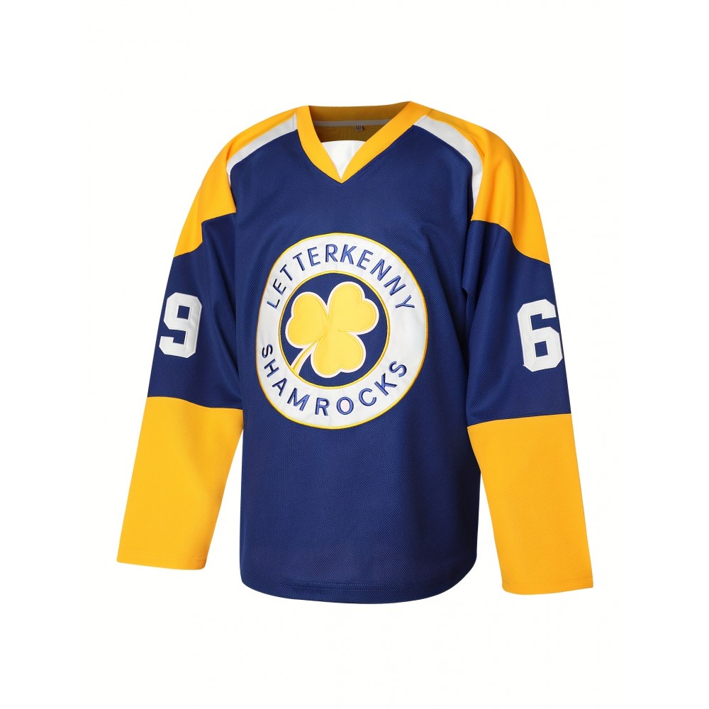 Letterkenny Shamrocks Blue Hockey Jersey #69 Shoresy - Retro V-Neck Design, Breathable Polyester, Long Sleeves, Machine Washable, Perfect for Casual Wear, Parties, and Sports, Hockey Stocking Stuffers