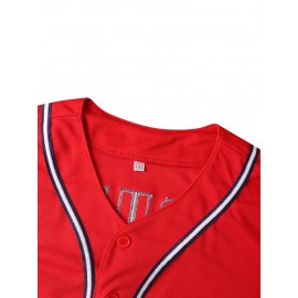 Men's #47 MAGA Baseball Jersey - Patriotic Red USA Flag Design, V-Neck, Short Sleeve, Breathable Polyester, 