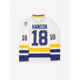Vintage Hanson Brothers #18 Charlestown Chiefs Hockey Jersey - Blue & White,, Moisture-Wicking Polyester, Long Sleeve, V-Neck Captain's Sweatshirt with Classic Stripes for Sports, Parties & Casual Wear