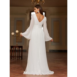 Solid V-neck Pleated Sweep Train Dress, Elegant Flare Sleeve Trumpet Dress For Wedding Party, Women's Clothing