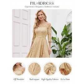 3/4 Sleeves Lace High-Low Off Shoulder Bridesmaid Dress, Cocktail Party Dress for Church Wedding Guest Formal Party