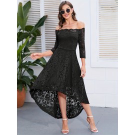 3/4 Sleeves Lace High-Low Off Shoulder Bridesmaid Dress, Cocktail Party Dress for Church Wedding Guest Formal Party