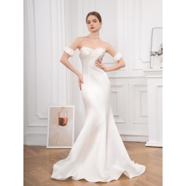 Elegant Off-Shoulder Ruffle Hem Wedding Dress - Exquisite Tie Back Wedding Party Gown for Women - Formal Evening, Occasion, Engagement, Ceremony, and Reception Wear