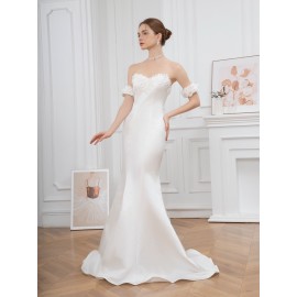Elegant Off-Shoulder Ruffle Hem Wedding Dress - Exquisite Tie Back Wedding Party Gown for Women - Formal Evening, Occasion, Engagement, Ceremony, and Reception Wear