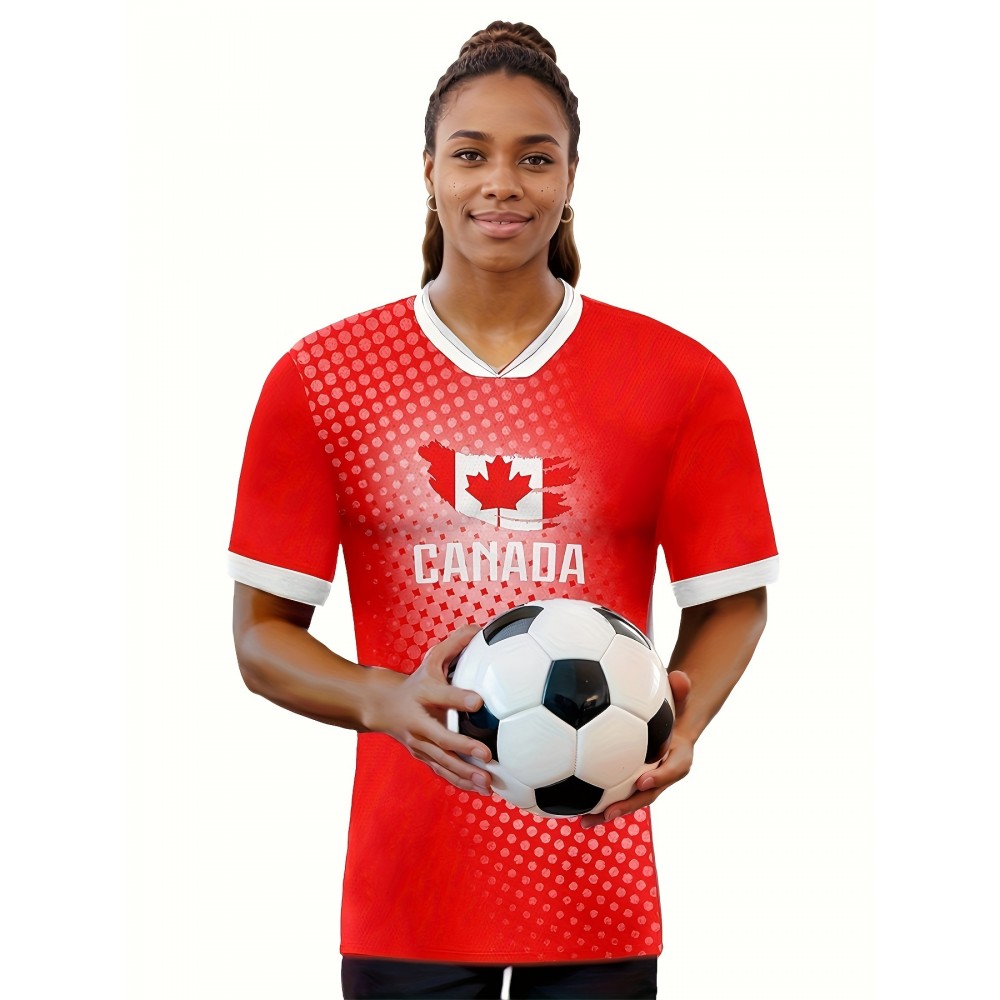 Women's Large Size Professional Sports Fabric Creative Pattern Print Canada Home Soccer Jersey T-shirt, Soccer Jersey Flag Uniforms Shirts Breathable And Lightweight, Moisture-Wicking, As Gifts For Sports Fans