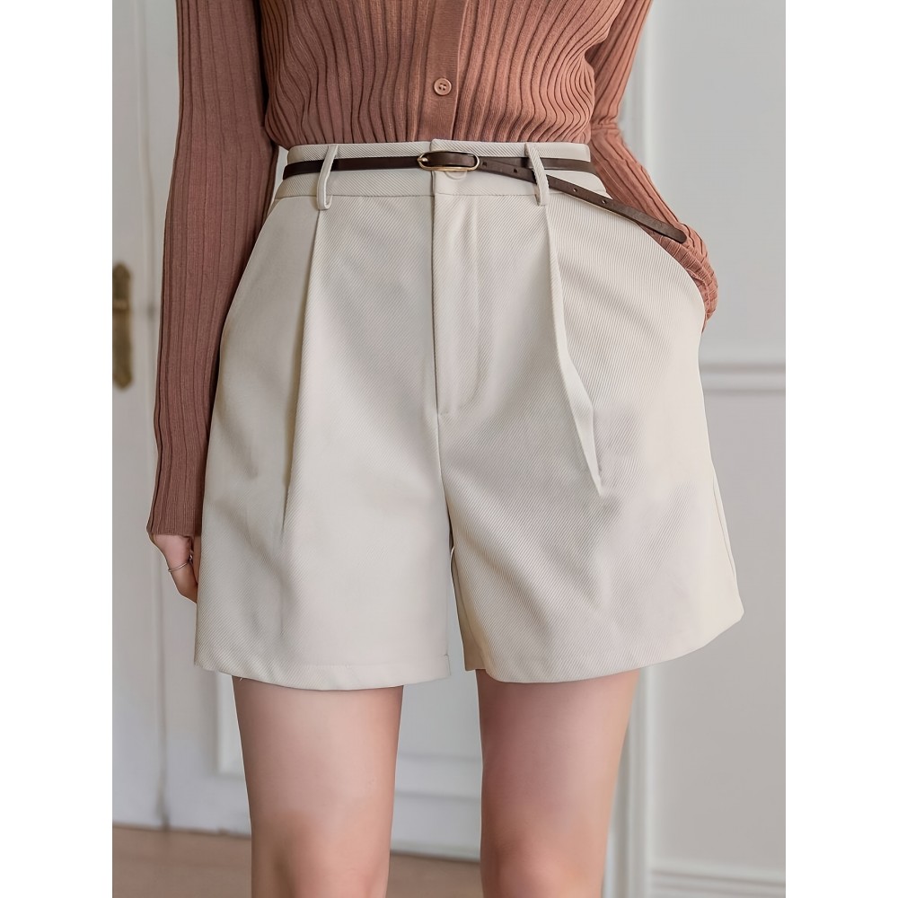 Women'S High-Waisted Straight Pants Shorts with Slant Pockets and Pleats, Solid Color, Woven Polyester, All-Season