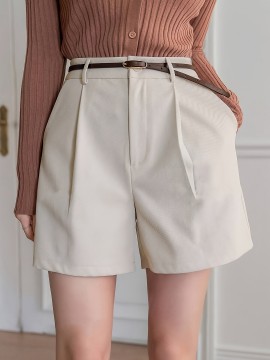 Women'S High-Waisted Straight Pants Shorts with Slant Pockets and Pleats, Solid Color, Woven Polyester, All-Season
