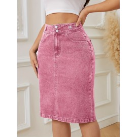 Women's Fashion Pink Denim Skirt - Cotton Blend, Medium Stretch, Solid Color, Sexy Straight Cut with Decorative Fake Buttons, Woven Fabric, Perfect for Spring/Summer/Fall
