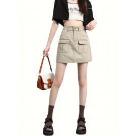 Plain Flap Pocket Cargo Denim Skirt, High Rise Versatile Hot Mini Denim Skirt, Women's Denim Jeans & Clothing