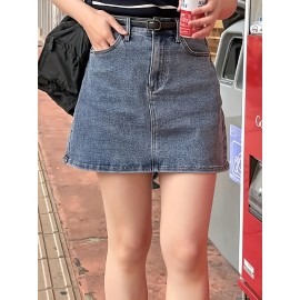 Mini Denim Skirt with Slash Pockets - Women's Denim Skirts for Casual Wear, Versatile, Basic, Washed Blue, Pocket Details, Easy to Style - Perfect for Daily Life, Outdoor Activities, and Travel