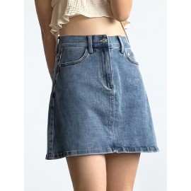 Mini Denim Skirt with Slash Pockets - Women's Denim Skirts for Casual Wear, Versatile, Basic, Washed Blue, Pocket Details, Easy to Style - Perfect for Daily Life, Outdoor Activities, and Travel