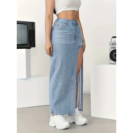 Split Side Whiskering Light Washed Blue Casual Style Stretchy Maxi Denim Skirt, Women's Denim Jeans & Clothing
