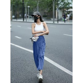 Women'S Elegant Denim Wrap Skirt - High Waist Lace-Up Slit Midi Skirt, Cotton Blend, Geometric Pattern, Woven Fabric, Non-Stretch for Spring/Summer/Fall