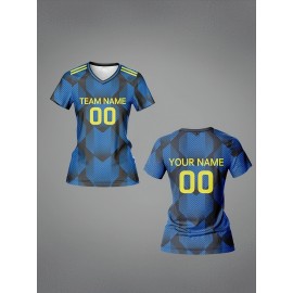 Custom Name & Number Women's V-Neck Football Jersey - Blue & Black Checkered Design, Breathable & Quick-Dry Polyester Sports Top for Team Training, Fitness & Casual Wear