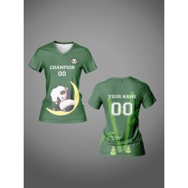 Customized Women's V-Neck Football Jersey - Personalized Name & Number, Breathable Quick-Dry Fabric, Team Training & Casual Wear with Cute Cartoon & Champion 00 Design, Spring Summer Fall Sports Apparel, Durable Sports Gear