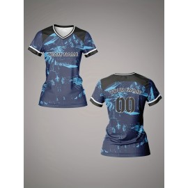 Customizable Women's V-Neck Soccer Jersey - Personalized Name & Number, Breathable Polyester, Quick-Dry Athletic Top for Team Sports, Fitness & Casual Wear, Blue & Black Retro Design, Team Sports Apparel | Athletic Team Uniform | Comfortable Fit