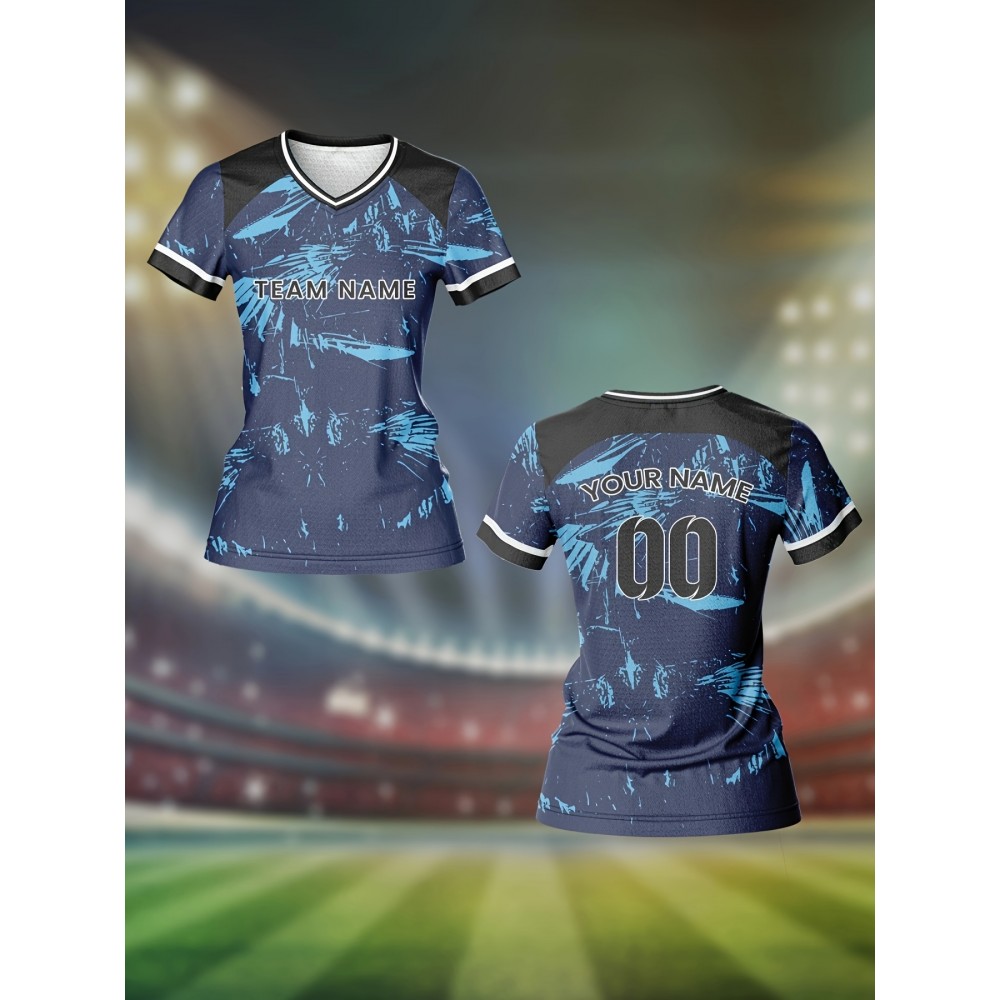 Customizable Women's V-Neck Soccer Jersey - Personalized Name & Number, Breathable Polyester, Quick-Dry Athletic Top for Team Sports, Fitness & Casual Wear, Blue & Black Retro Design, Team Sports Apparel | Athletic Team Uniform | Comfortable Fit