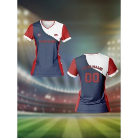 Customizable Women's V-Neck Football Jersey - Personalized Name & Number, Breathable Polyester, Quick-Dry Sports Top for Team Training, Casual Wear, and Fitness - Dark Blue with Red Sleeves
