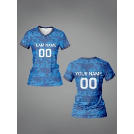 Customizable Women's V-Neck Football Jersey - Personalized Name & Number, Breathable Polyester, Quick-Dry Sports Top for Team Training, Casual Wear, and Fitness - Blue Camouflage Design