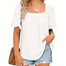 Vibrant Solid Color Square Neck Short Sleeve Blouse - Ruched Bust, Micro Elasticity, Machine Washable - Perfect for Mature Womens Casual Summer Clothing