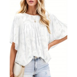 Womens 3/4 Bell Sleeve Blouse Summer Crewneck Lace Tops Floral Shirts