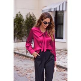 Women's Satin Silk Long Sleeve Blouse with Bow Tie Neck Office Work Wear Elegant Tops