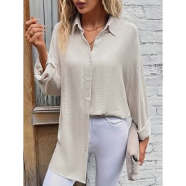 Solid Lapel Neck Button Down Blouse, Elegant Long Sleeve Spring & Fall Blouse For Business Or Leisure, Women's Clothing