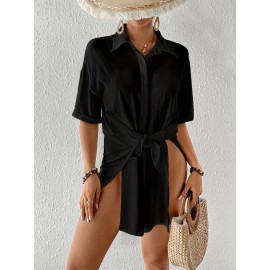 Women's Short Shirt Ice Silk Wrinkled Polo Neck Solid Color Button Elegant Casual Shirt