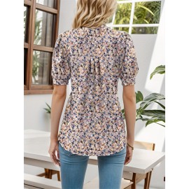 Floral Print Notched Neck Blouse, Casual Pleated Puff Sleeve Blouse For Spring & Summer, Women's Clothing