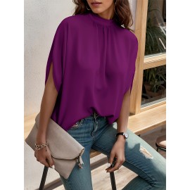 Womens Elegant Pintuck Batwing Sleeve Blouse - High Neck, Micro Elasticity, Solid Color, Machine Washable, Casual Top for Spring & Fall - Tooluck Brand