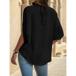 Womens Elegant Pintuck Batwing Sleeve Blouse - High Neck, Micro Elasticity, Solid Color, Machine Washable, Casual Top for Spring & Fall - Tooluck Brand