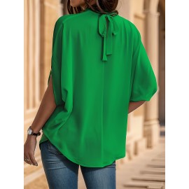 Womens Elegant Pintuck Batwing Sleeve Blouse - High Neck, Micro Elasticity, Solid Color, Machine Washable, Casual Top for Spring & Fall - Tooluck Brand