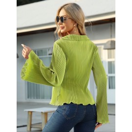Solid Pleated V Neck Blouse, Casual Button Front Bell Sleeve Blouse For Spring & Fall, Women's Clothing