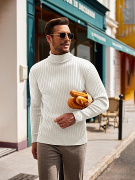 Plus Size Men'S Slim Fit Turtleneck Sweater Casual Warm Pullover Sweater Ribbed Sweater, Basic Style Top, Perfect for Fall/Winter Daily And Outdoor Wear
