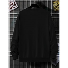 Men's Bird Logo Print Crew Neck Sweatshirt - White Bird Logo on Dark Blue, Casual Long Sleeve Pullover, Minimalist Sweater for Gym, Office & Casual Attire, Versatile Sportswear & Smart-Casual Outfit Essential, PLUS SIZE