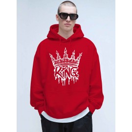 Men'S King Crown Print Hooded Sweatshirt - Royal & Golden Lettering, Winter Knit Fabric with Slight Stretch, Regular Fit Long Sleeve Pullover, Casual American Style Statement Piece for Everyday & Formal Wear - Ideal Gift for Men (KING Lettering Desi