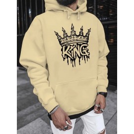 Men'S King Crown Print Hooded Sweatshirt - Royal & Golden Lettering, Winter Knit Fabric with Slight Stretch, Regular Fit Long Sleeve Pullover, Casual American Style Statement Piece for Everyday & Formal Wear - Ideal Gift for Men (KING Lettering Desi