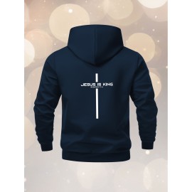 Men's Oversized Hooded Jacket with Jesus Is King Graphic Print - Navy Blue Heavyweight Polyester Coat, Full-Zip Casual Streetwear for All Seasons, Machine Washable Christian Faith Statement Apparel, PLUS SIZE