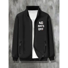 Plus Size NO DAYS OFF College Style Comfy Stand Collar Jacket - Slightly Stretch Stylish Zip Up For Autumn & Winter